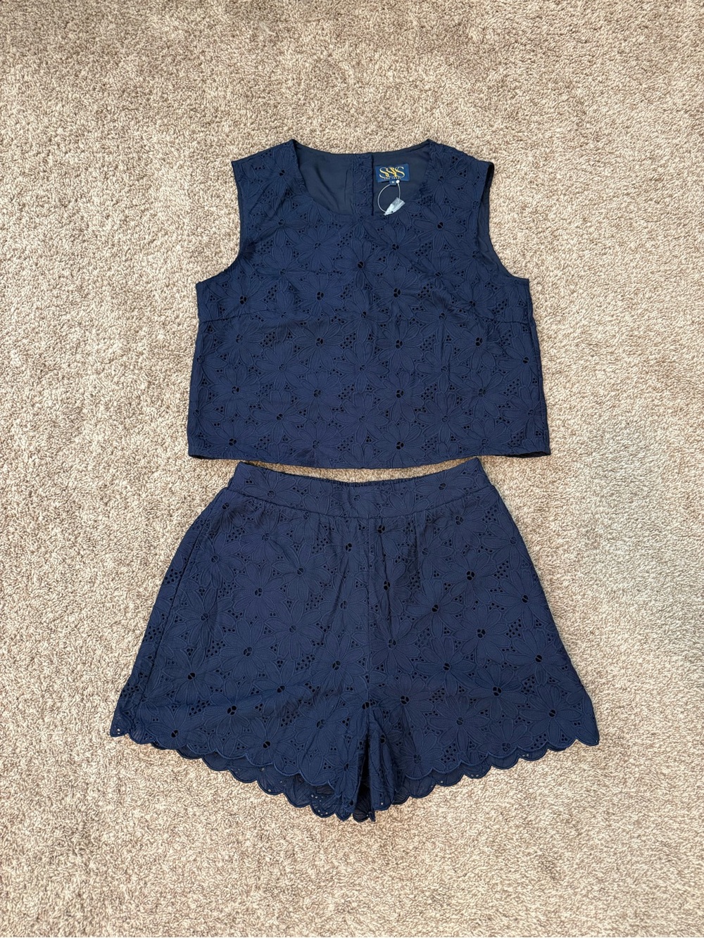 SSYS Allison Lace Navy Eyelet Sleeveless Top & Scalloped Shorts Set